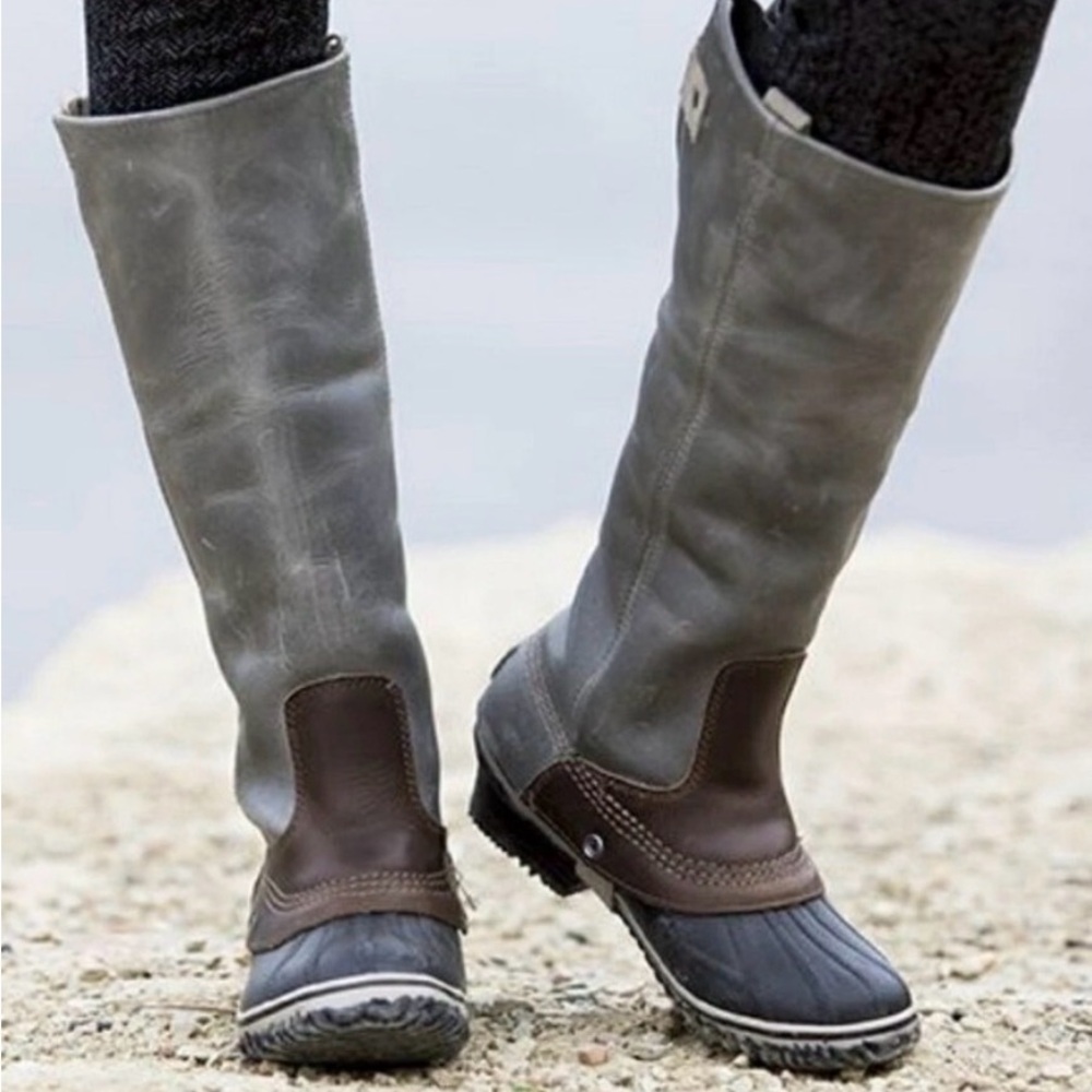 Sorel Dark Brown with Gray Leather Slimpack Tall Boots